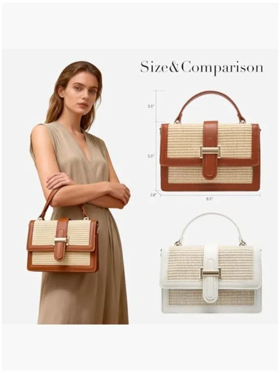 Vegan Leather Patchwork Straw Crossbody Bag with Top Handle - Picture 4 of 5